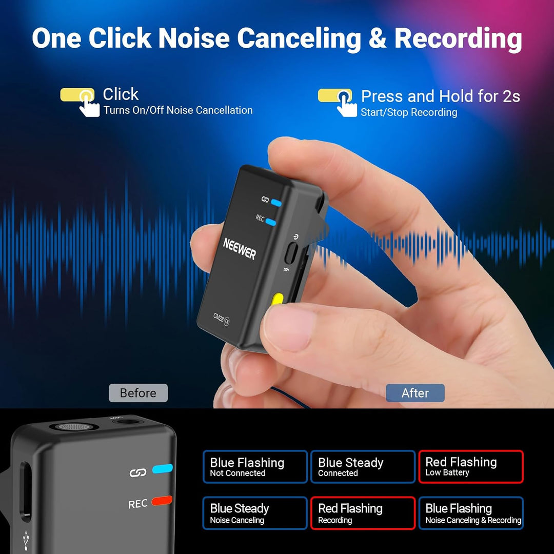 NEEWER CM28 Kabelloses Lavalier Mikrofonsystem mit Ladeetui, 1 klick Rauschunterdrückung, 4GB Speich