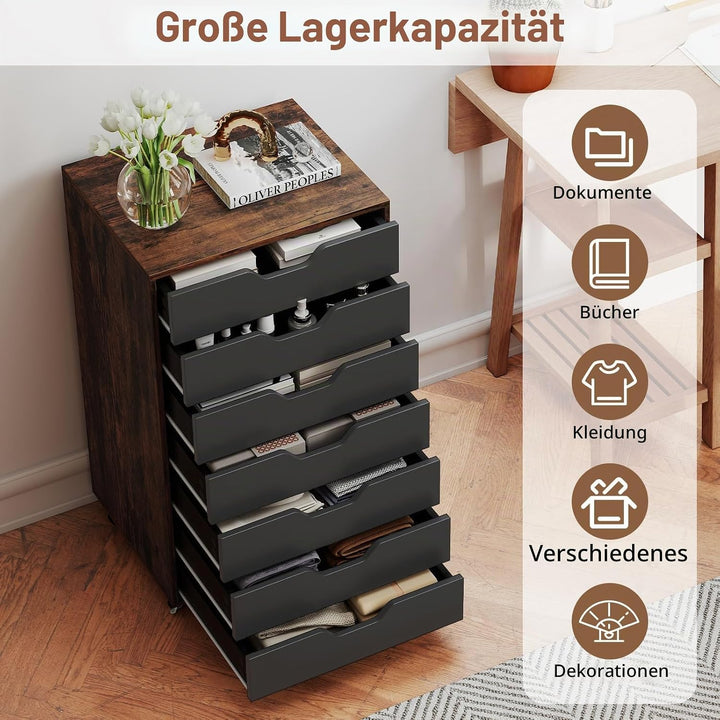 GIANTEX Rollcontainer mit 4 Schubladen &amp; 2 Schränke, Aktenschrank mit Rollen, Schubladenschrank Holz