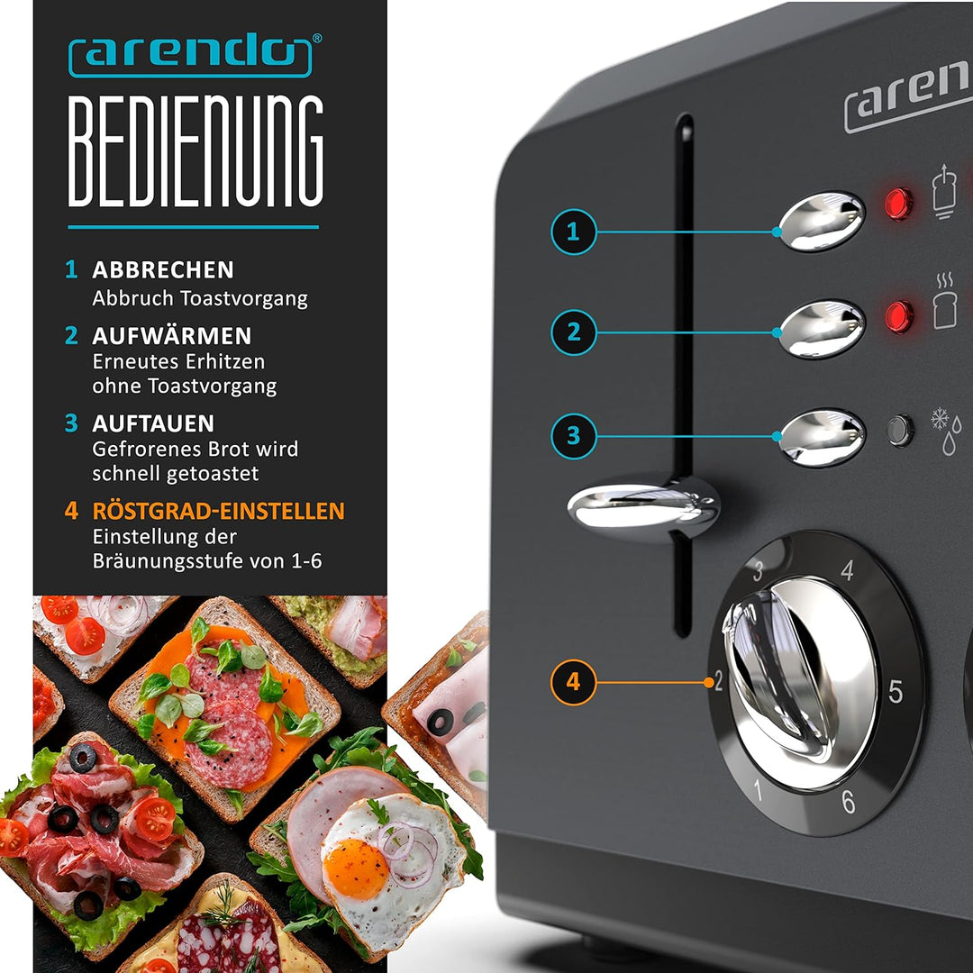 Arendo - Automatik Toaster 4 Scheiben in Edelstahl, bis zu Vier Sandwich und Toast-Scheiben, Bräunun