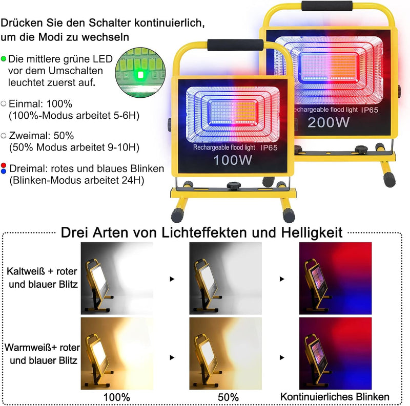 Aufun Led Baustrahler Akku 2x100W Kaltweiss mit Stativ Doppel Strahler roter und blau Blitz Arbeitss