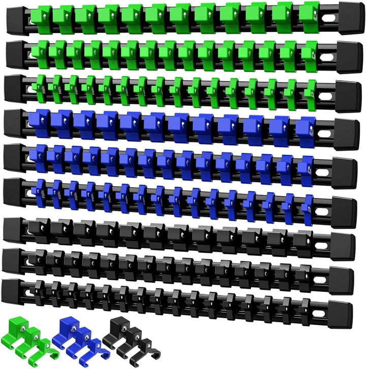 9PC Stecknuss-Organizer Schienen Set Schwarz Blau Grün, robuste ABS Aufbewahrung für Werkstatt, komp
