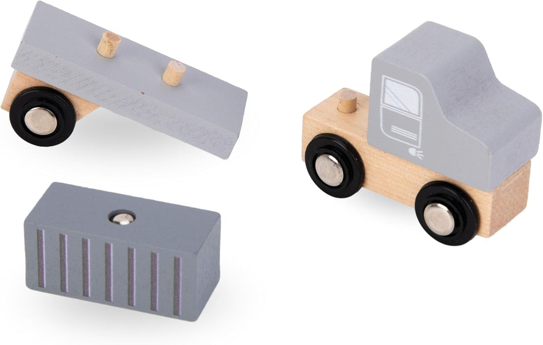 Mamabrum, Beweglicher Hafenkran mit Magnetwinde und Zubehör - Holz-Set, Beweglicher Kran, LKW, Wagen