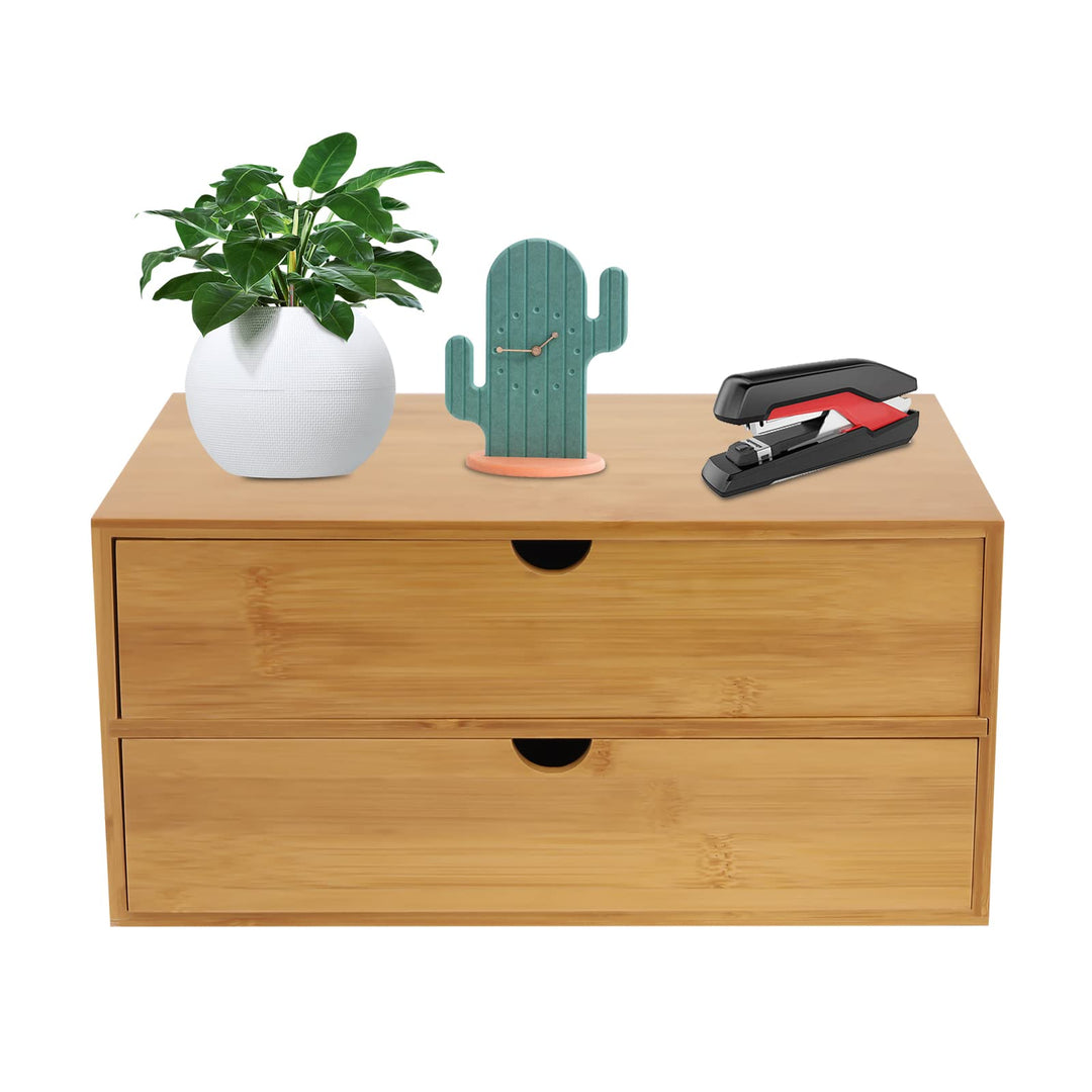 Schubladenbox, Schreibtisch Organizer 2 Schubladen Bambus, Naturbelassener Desktop Organizer 33x19x1