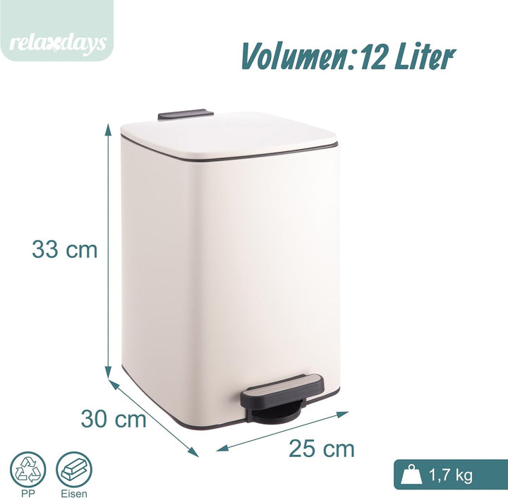 Relaxdays Mülleimer Küche, 12 Liter, Absenkautomatik, entnehmbarer Inneneimer, Mattes Metall, eckige