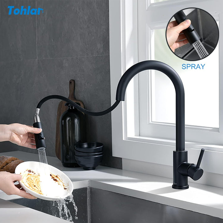 Tohlar Wasserhahn Küche Schwarz, Edelstahl Küchenarmatur, 360° Schwenkbar Spültischarmatur mit Braus