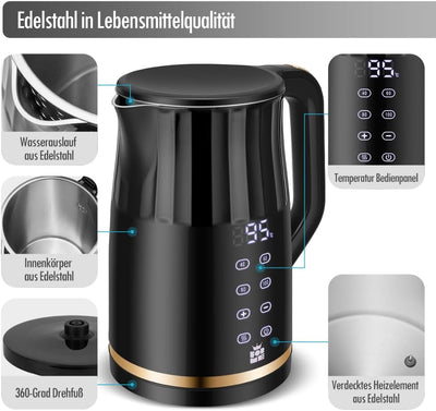 Forme Edelstahl Wasserkocher 1,7 L mit Temperatureinstellung Temperaturwahl 40-100°C I LED Digitale