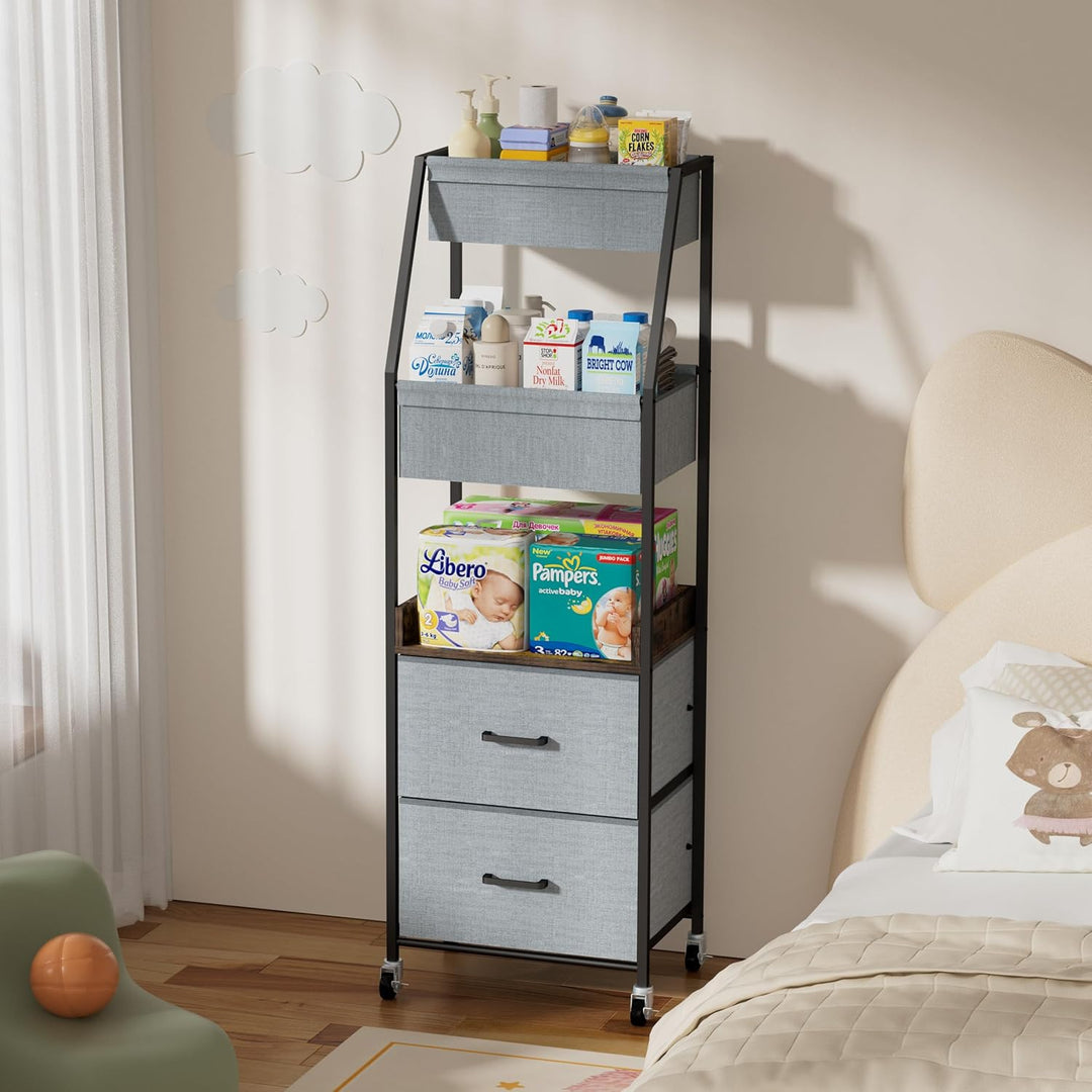 Windel-Organizer mit 5 Ebenen, Baby-Windelwagen mit Trennwänden & Schubladen – Grosse Rollbarer Aufb