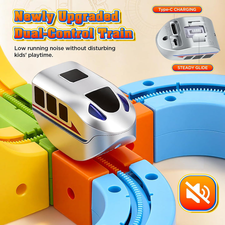 Cube Track Set 149pcs, Elektrisches Eisenbahnset mit Fernbedienung, 2 Züge (1x ferngesteuert), Flexi