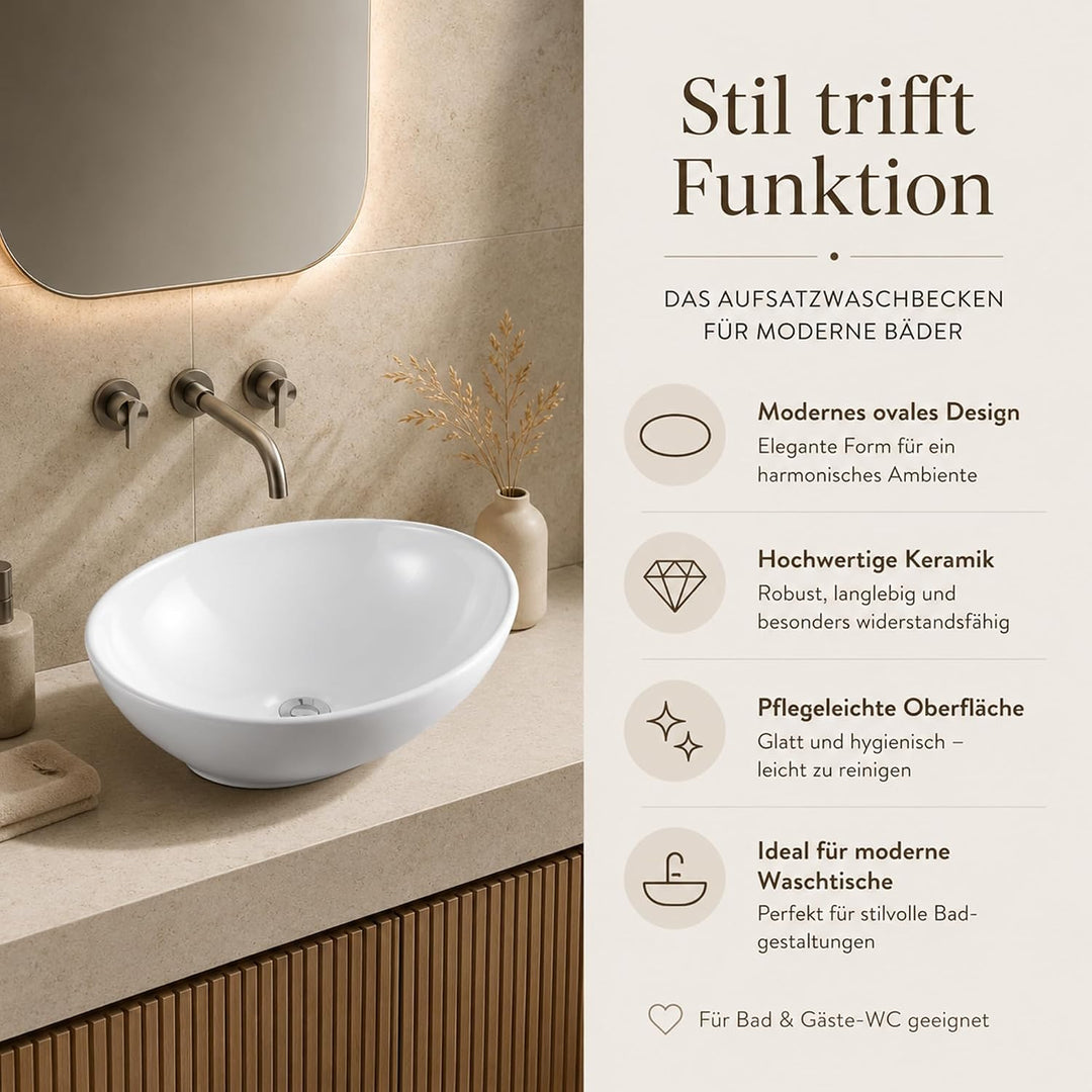 Art-of-Baan® Keramik-Aufsatzwaschbecken I Waschbecken mit Lotus-Effekt I Handwaschbecken Weiss I DIN