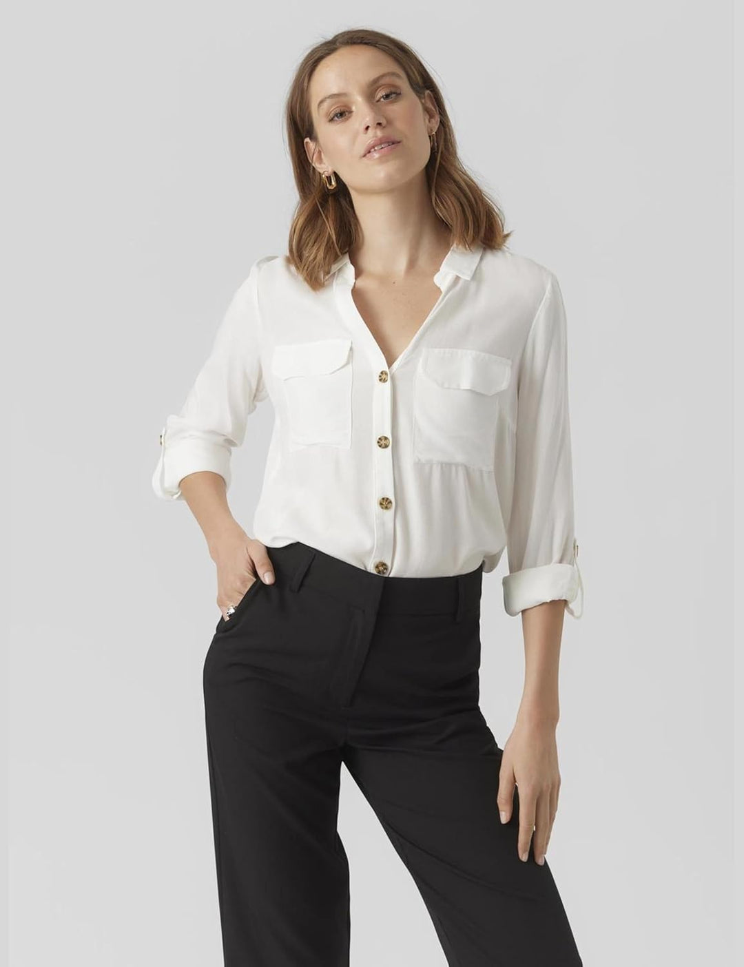 VERO MODA Damen Blusen Hemd Leger mit Brusttaschen Regular Stretch 3/4 Arm Top Oberteil XS Tall Snow