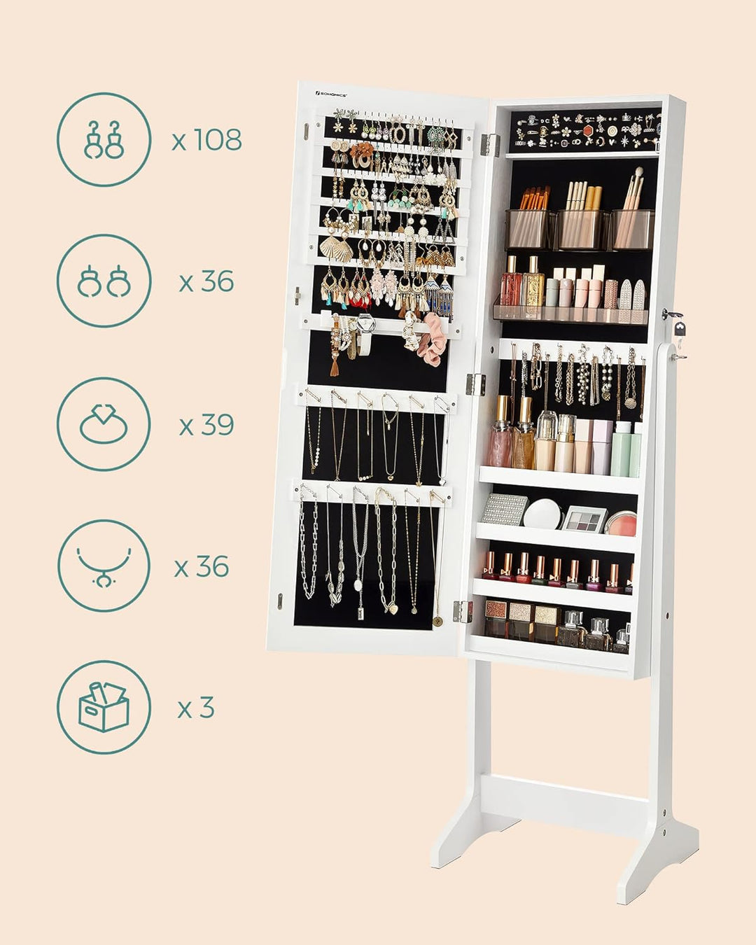SONGMICS Schmuckschrank, Spiegelschrank stehend, mit 2 separaten Make-up Organizern, rahmenloser Gan