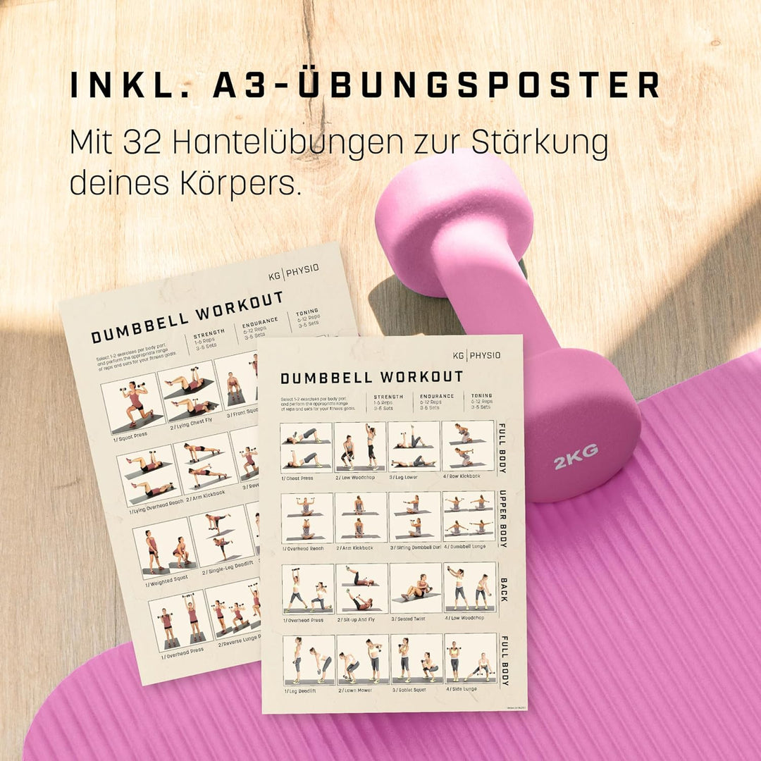 KG Physio Hantelset mit A3-Übungsposter - Neopren Kurzhanteln 2er Set - Fitness Gewichte aus Gusseis