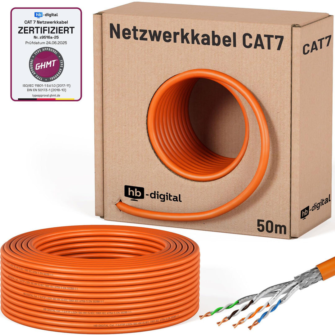 HB-DIGITAL 50m CAT.7 Netzwerkkabel LAN Kabel Verlegekabel PiMF AWG23 Reines Kupfer GHMT Zertifiziert