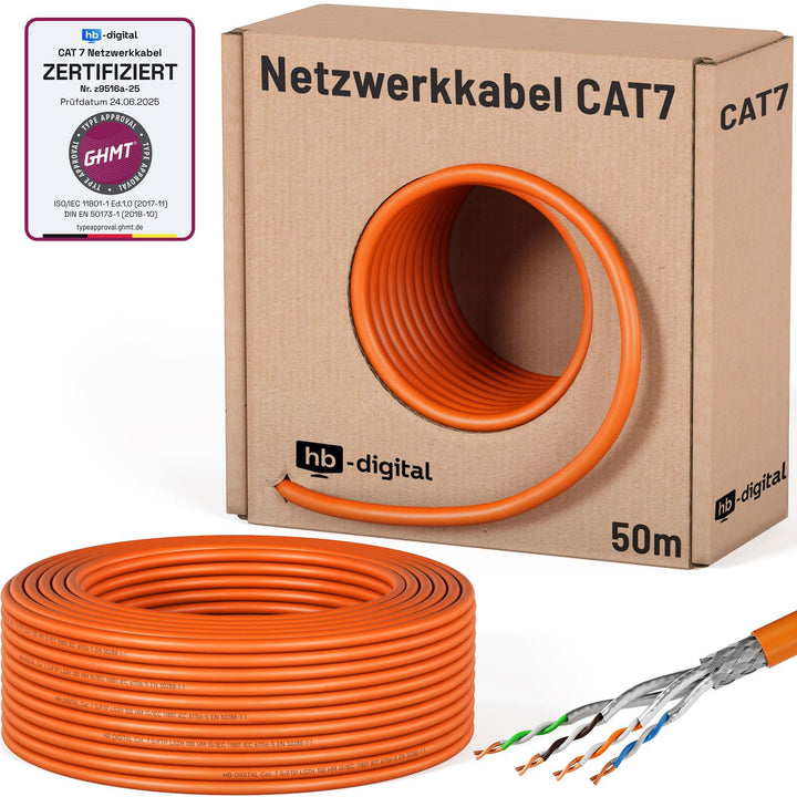 HB-DIGITAL 50m CAT.7 Netzwerkkabel LAN Kabel Verlegekabel PiMF AWG23 Reines Kupfer GHMT Zertifiziert