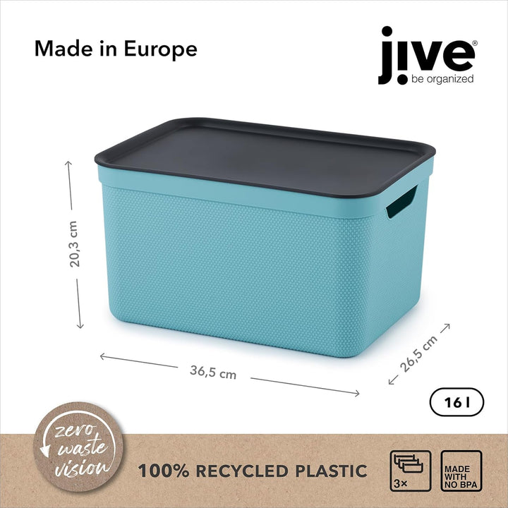 Jive Dekobox 3er-Set Aufbewahrungsbox 16l mit Deckel, Kunststoff (PP recycelt), türkis/anthrazit, 3x