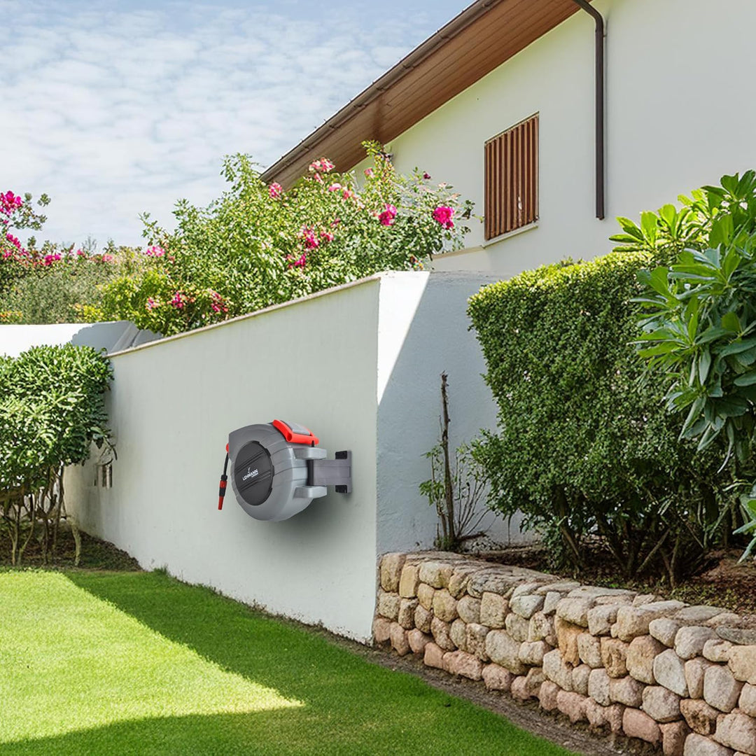 LEHMANN Wand-Schlauchbox 20 m + 2 m, Schlauchtrommel für Flexible Gartenbewässerung, Automatischer S