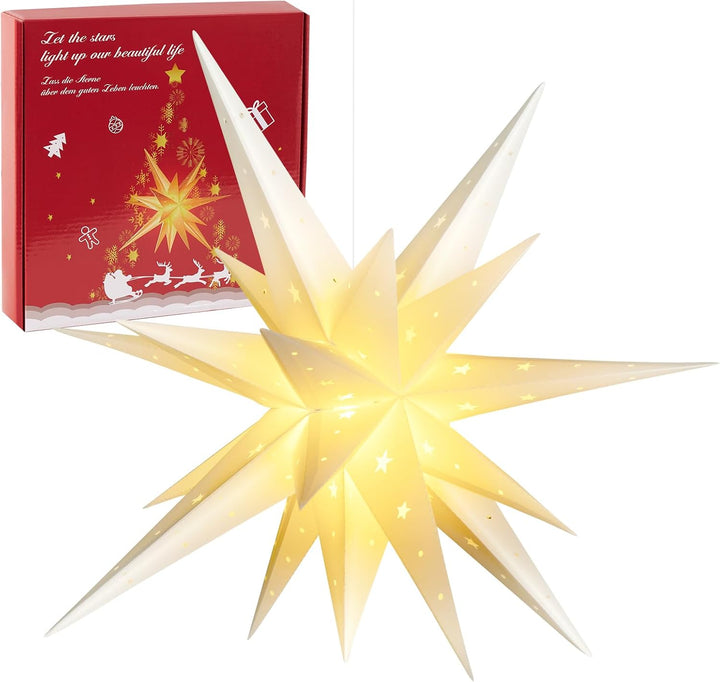 SUNBEAUTY Weihnachtsstern Beleuchtet Batterie mit Timer, 58CM Hängend Weihnachtsdeko Aussen Led Ster