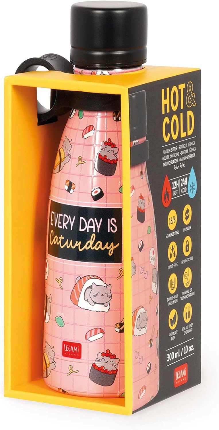 Legami - Vacuum Bottle Hot & Cold Mini, Sushi Cat, Leichte und widerstandsfähige Thermosflasche, Her