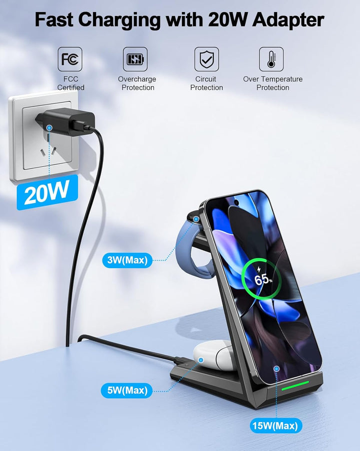 NANAMI induktive Ladestation für Google Pixel Watch 3/2/Fitbit Versa 4/3, 3 in 1 Wireless Charger fü