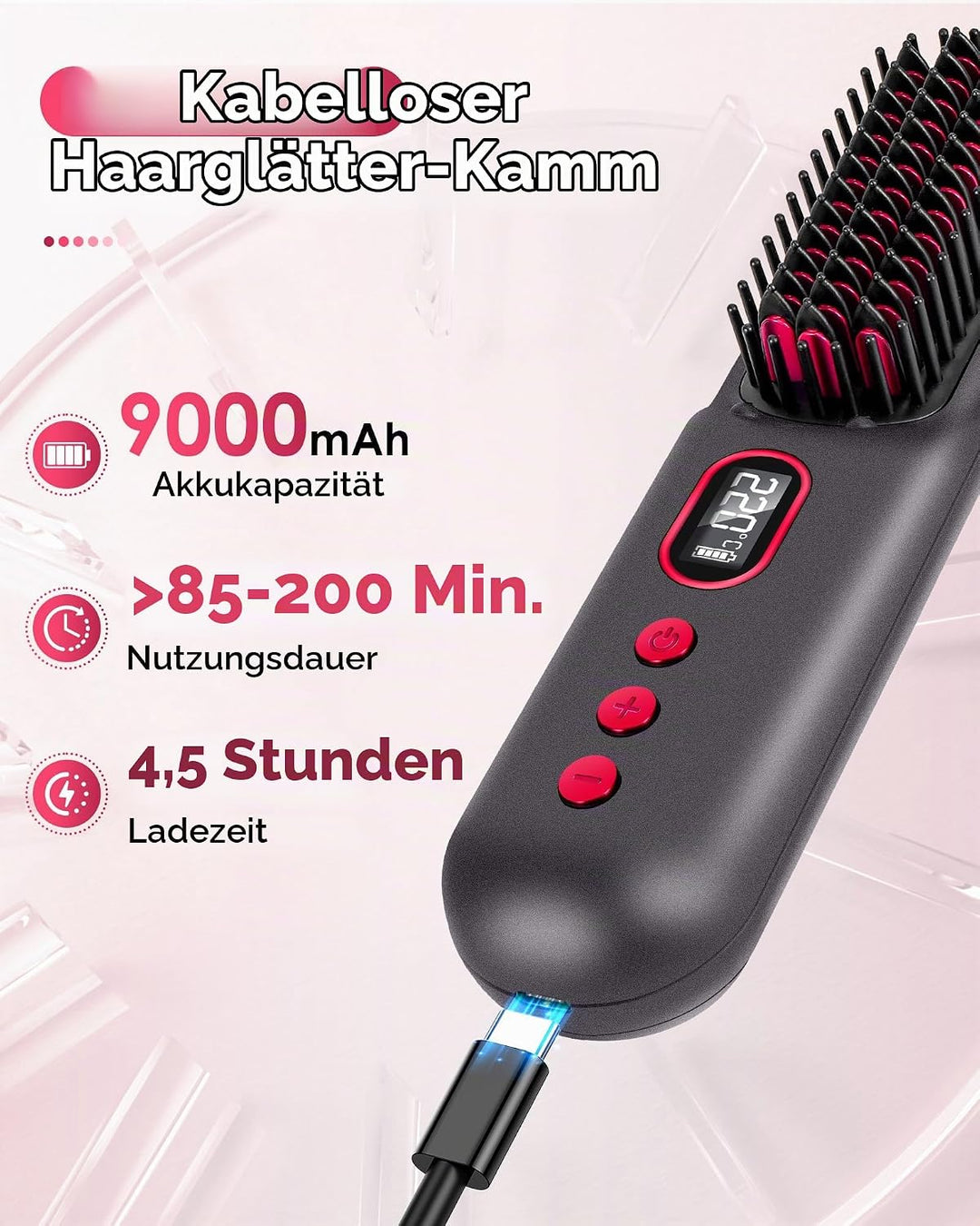 LAMA Kabellose Glättbürste Mini Glätteisen 9000mAh Ionen Haarglätter Bürste, Tragbare Stylingbürste