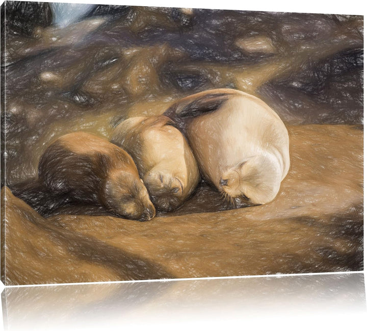 Pixxprint Familie Seelöwen in der Sonne als Leinwandbild/Grösse: 100x70 / Wandbild/Kunstdruck/fertig