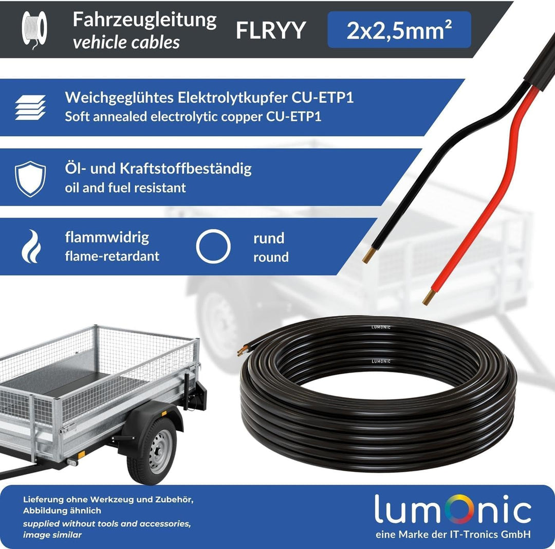 10m Lumonic 1m FLRYY Fahrzeugkabel 2 adrig I Fahrzeugleitung mit Kabelquerschnitt 2x 2,5mm² I Kabel
