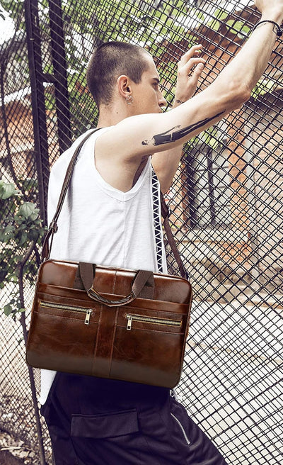 FANDARE Herren Laptop-Aktentaschen Leder Handtasche Business Umhängetasche Wasserdicht Crossbody Mes