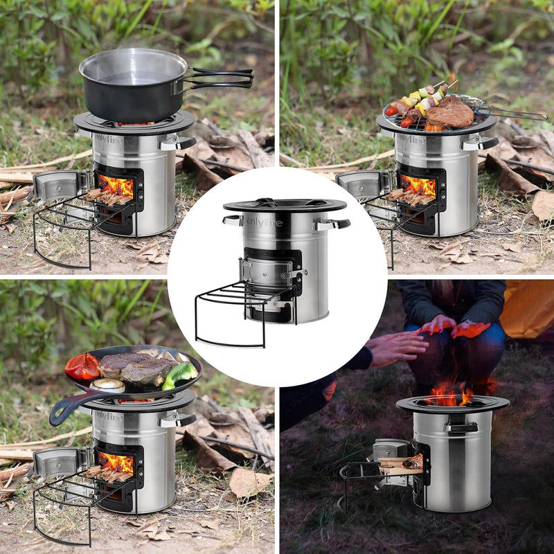 Onlyfire Raketenofen Outdoor, Camping Holzofen aus Edelstahl, Campingkocher Holz für Dutch Oven, Gri