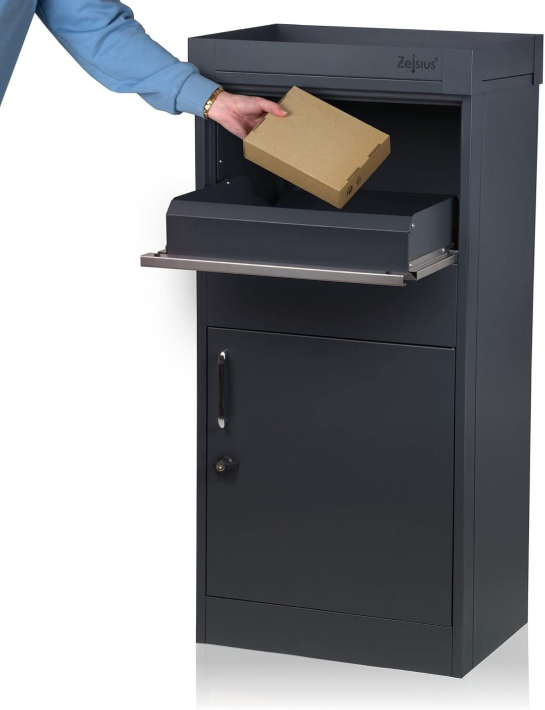 Zelsius Briefkasten mit Paketfach Pluto | pulverbeschichteter Stahl mit Edelstahl Elementen | RAL701