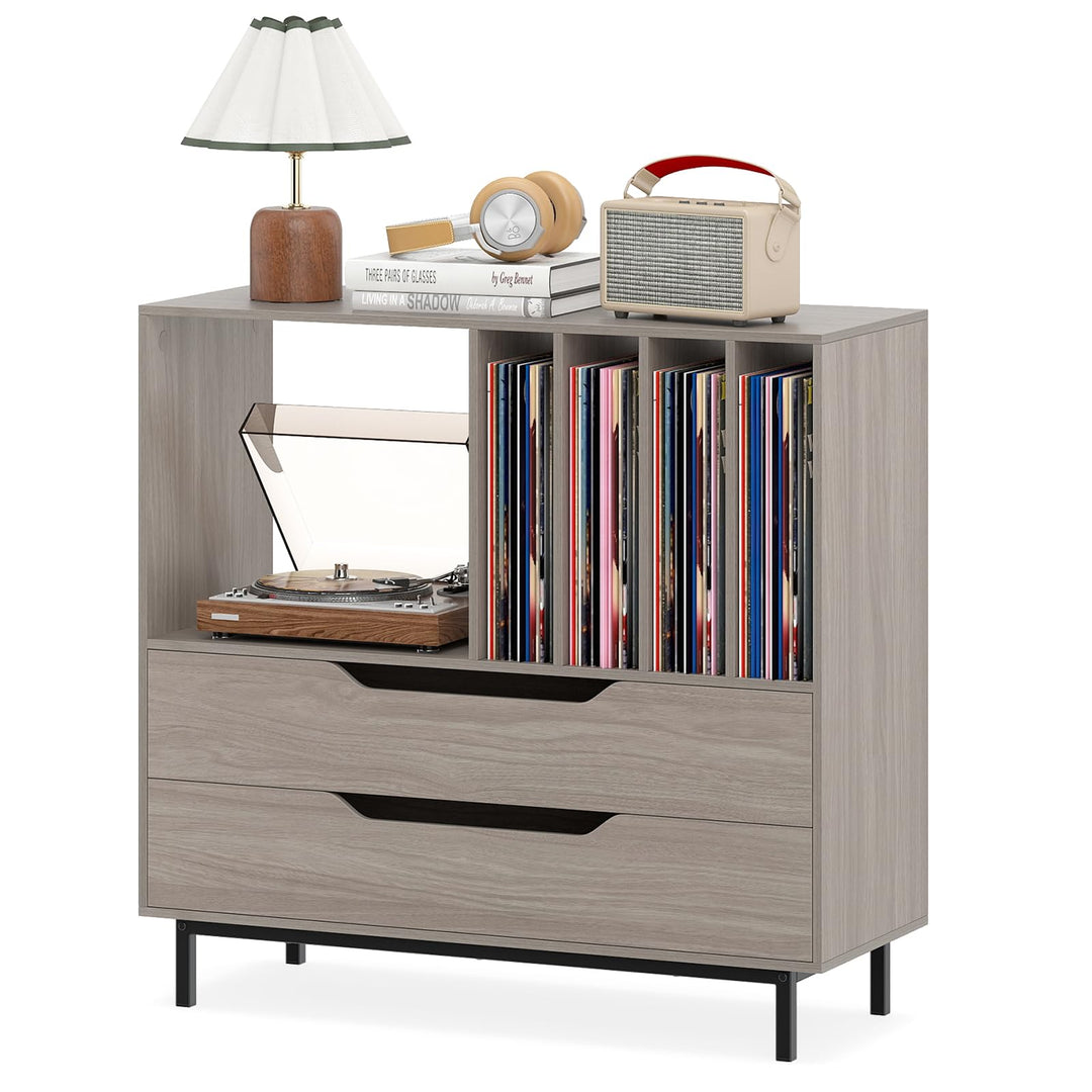 COSTWAY Plattenspielerständer, Mittelalter Plattenspielertisch mit offenem Fach, 4 Vinyl-Fächern & 2