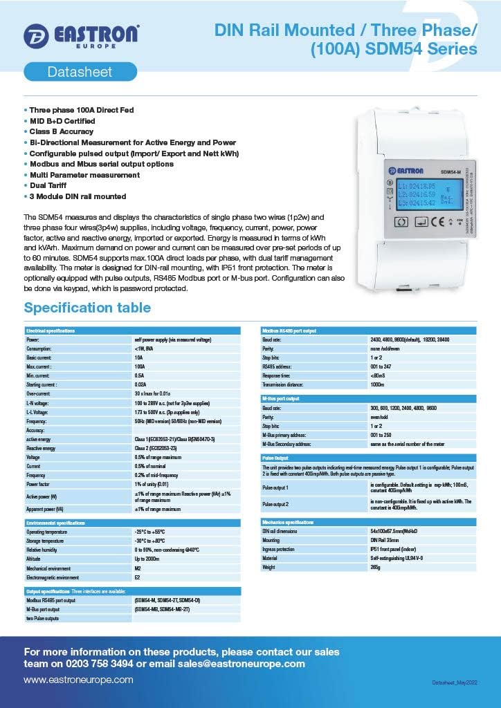 Eastron SDM54-M MID-zertifiziertes dreiphasiges 100-A-Direktanschluss-DIN-Schienen-RS485-Modbus-MID-