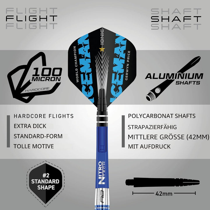 RED DRAGON Gerwyn Price Iceman Originals - Tungsten Dartpfeile Set mit Flights and Schäfte (Stems) 2