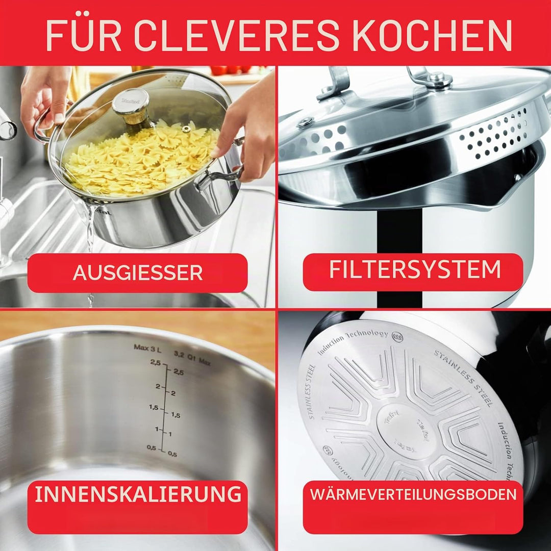 Tefal Duetto On A705S636 Kochgeschirr, Kochtopf 16 cm, Kochtöpfe 20/24 cm, Glasdeckel, Induktion, Ed