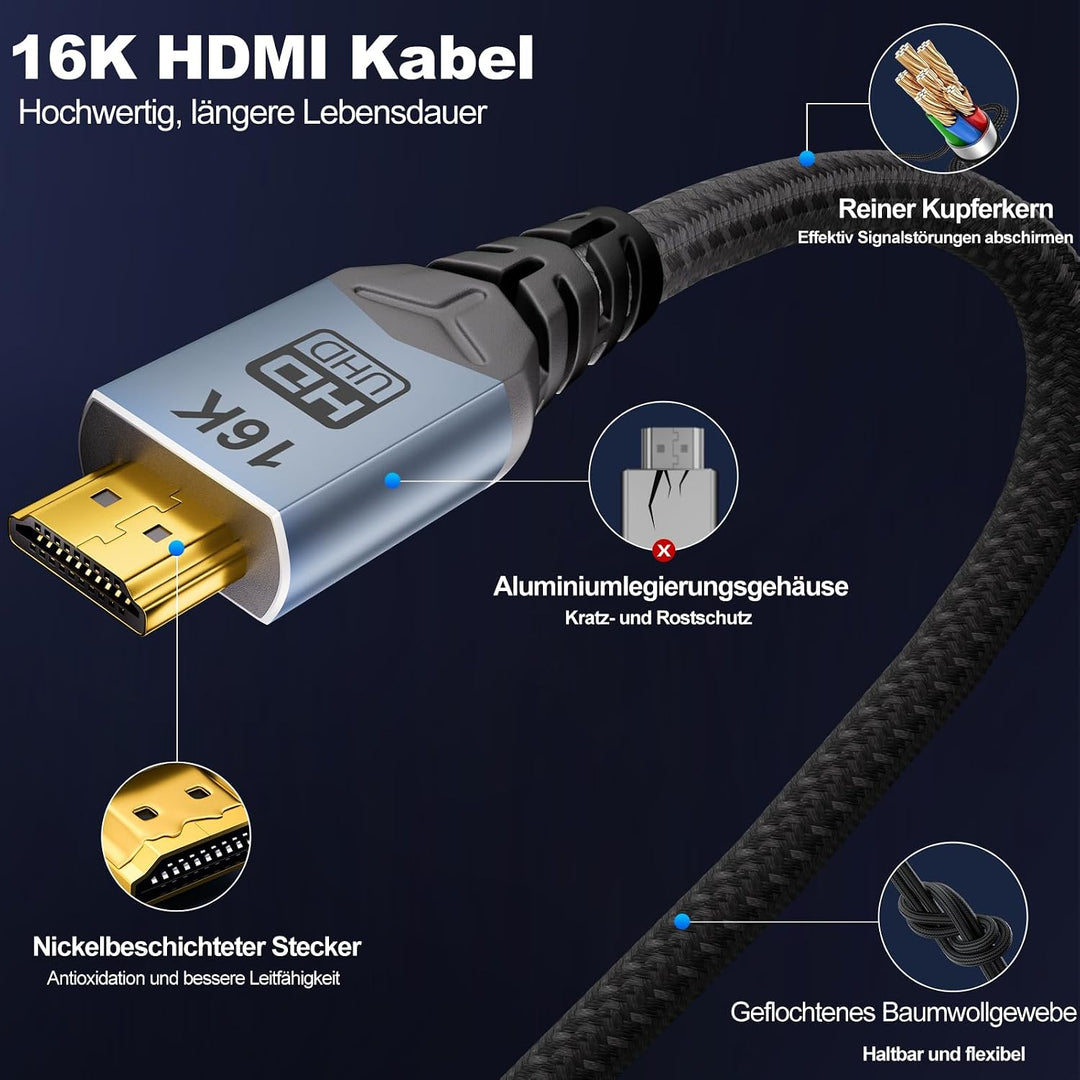 hdmi kabel 1,5m,16K HDMI 2.2 kabel,96Gbps Ultra Hochgeschwindig 16K@60Hz, 8K@240Hz, 4K@480Hz eARC, H