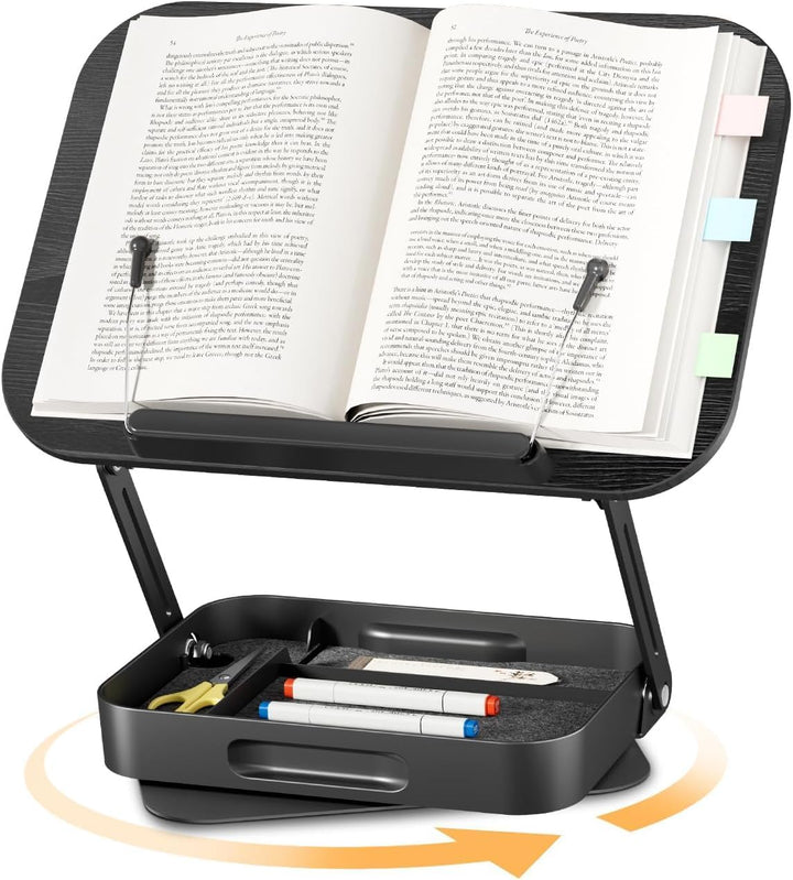 SupeDesk Buchständer Holz mit praktischem Stauraum, 360° drehbarer Buchhalter Leseständer, höhenvers