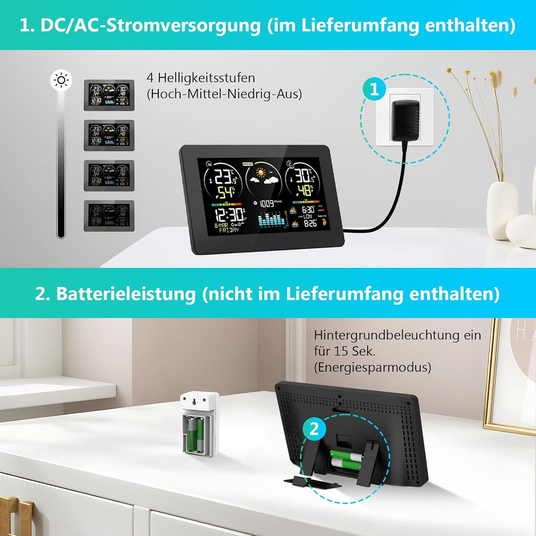 Wetterstation Funk mit Aussensensor, 7,8 Zoll Grosses Farbdisplay mit Beleuchtung & DCF Funkuhr, Wet