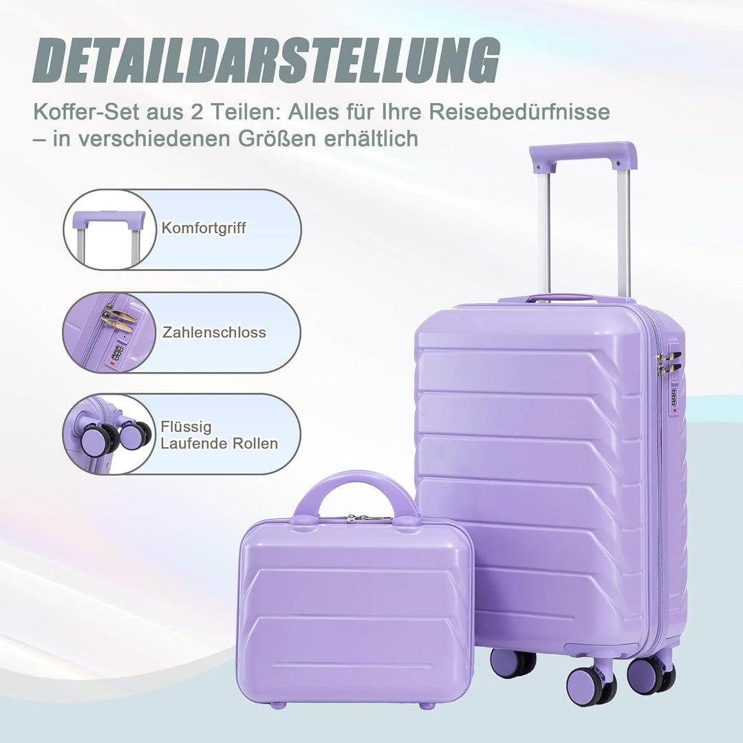 Hartschalen-Koffer Trolley Handgepäck Rollkoffer, Reisekoffer Set mit 4 Rollen, 2er Gepäckset Lila L