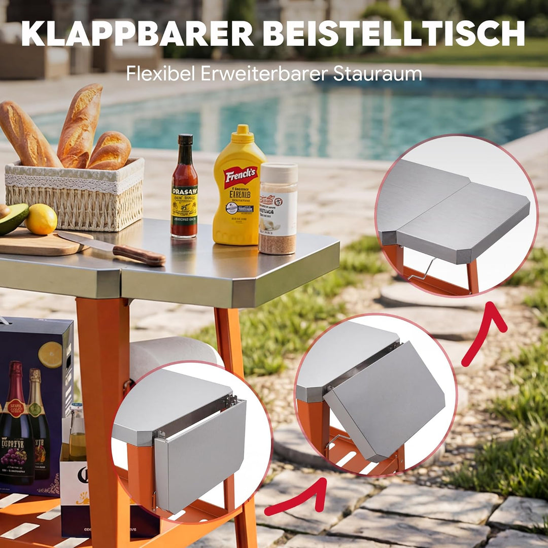 Feasto Grillwagen mit klappbarer Seitenablag, Grilltisch mit Edelstahlplatte, Servierwagen für Küche