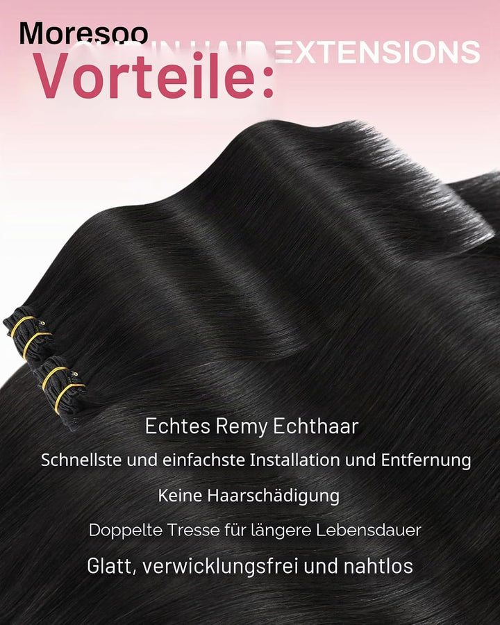 Moresoo Clip in Extensions Echthaar Schwarz Haarverlängerung Clip in Echthaar Remy Schwarz Haarexten