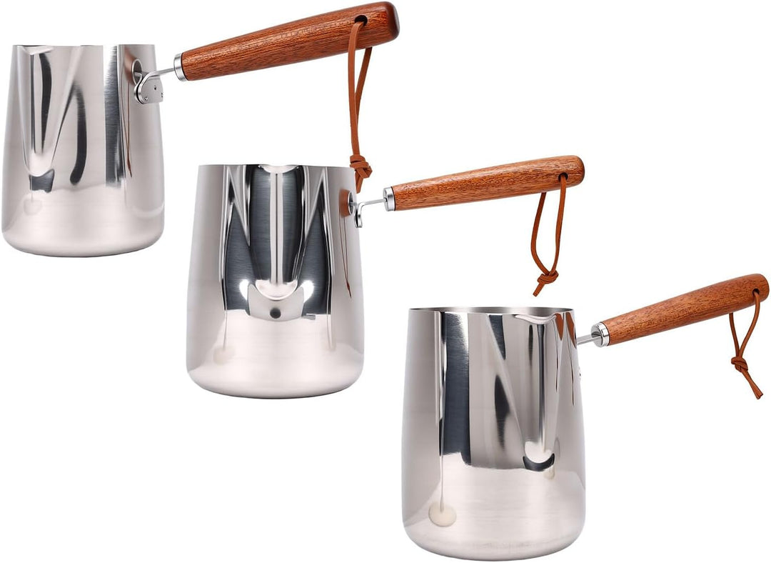 Milchaufschäumkrug aus Edelstahl 304 mit Ausguss aus Holzgriff Zum Kaffee-Kunst-Erhitzen von Milch a