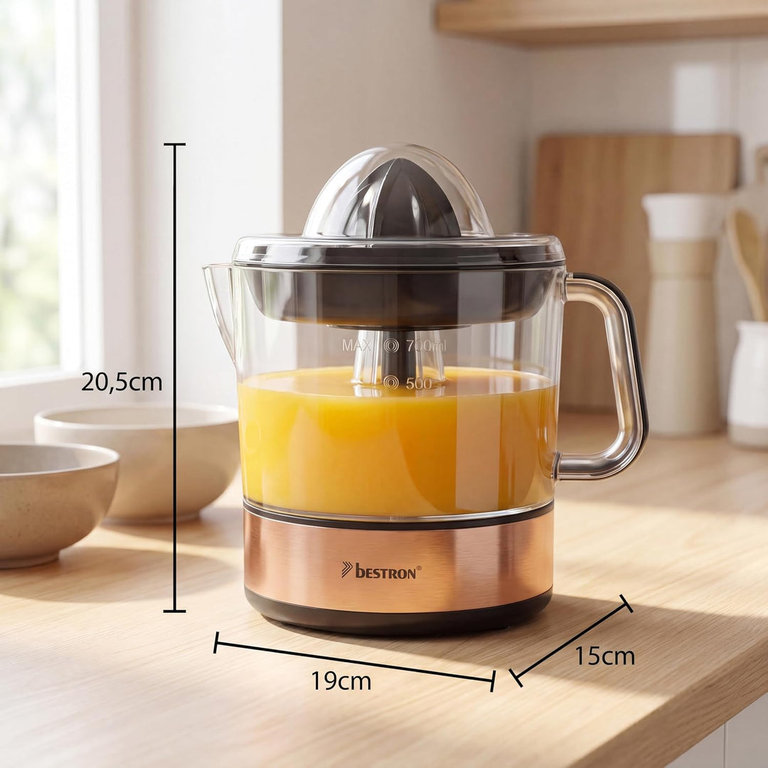 Bestron elektrische Zitrus- & Orangenpresse, inkl. 2 Presskegel und Aromadeckel, Motor mit zwei Dreh