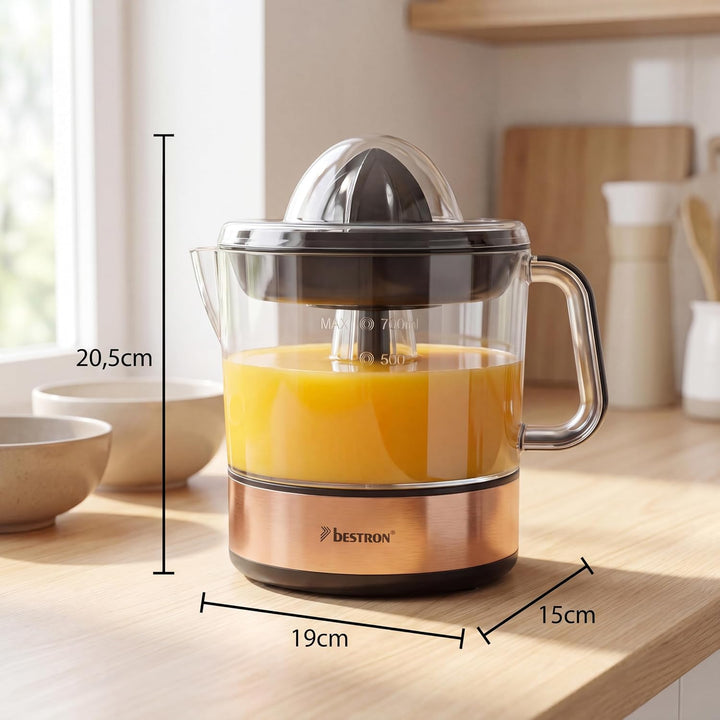 Bestron elektrische Zitrus- & Orangenpresse, inkl. 2 Presskegel und Aromadeckel, Motor mit zwei Dreh