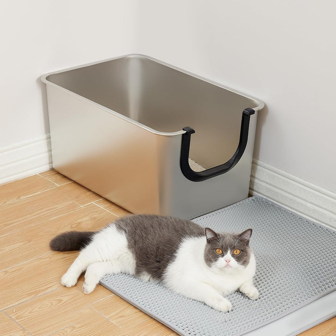 Yangbaga Grosse Katzenklo Edelstahl XXL:Offenes Katzentoilette mit Hohem Rand,Katzenklo Metall für G