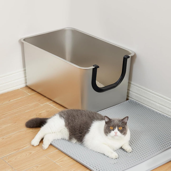 Yangbaga Grosse Katzenklo Edelstahl XXL:Offenes Katzentoilette mit Hohem Rand,Katzenklo Metall für G