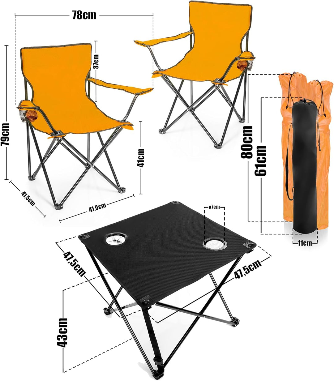 BigDean 2 Stück Campingstuhl mit Campingtisch faltbar – Faltstuhl in Neon Orange mit Getränkehalter