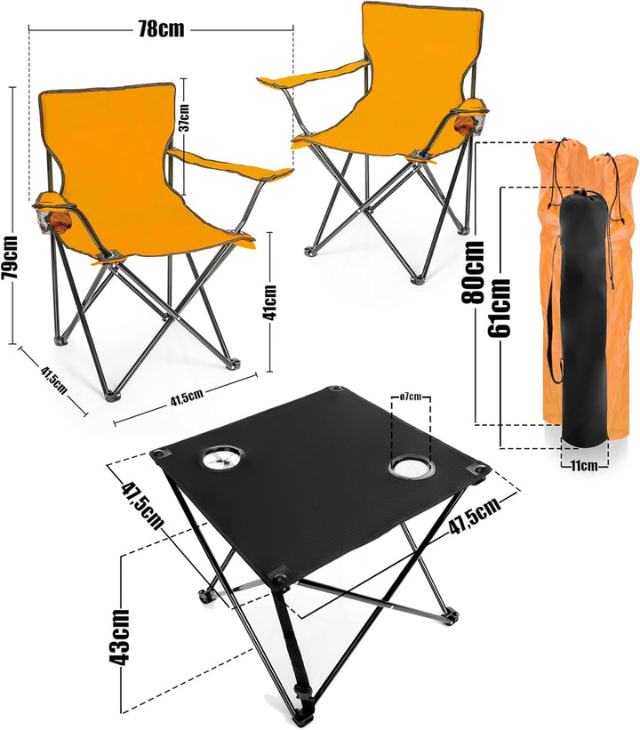 BigDean 2 Stück Campingstuhl mit Campingtisch faltbar – Faltstuhl in Neon Orange mit Getränkehalter