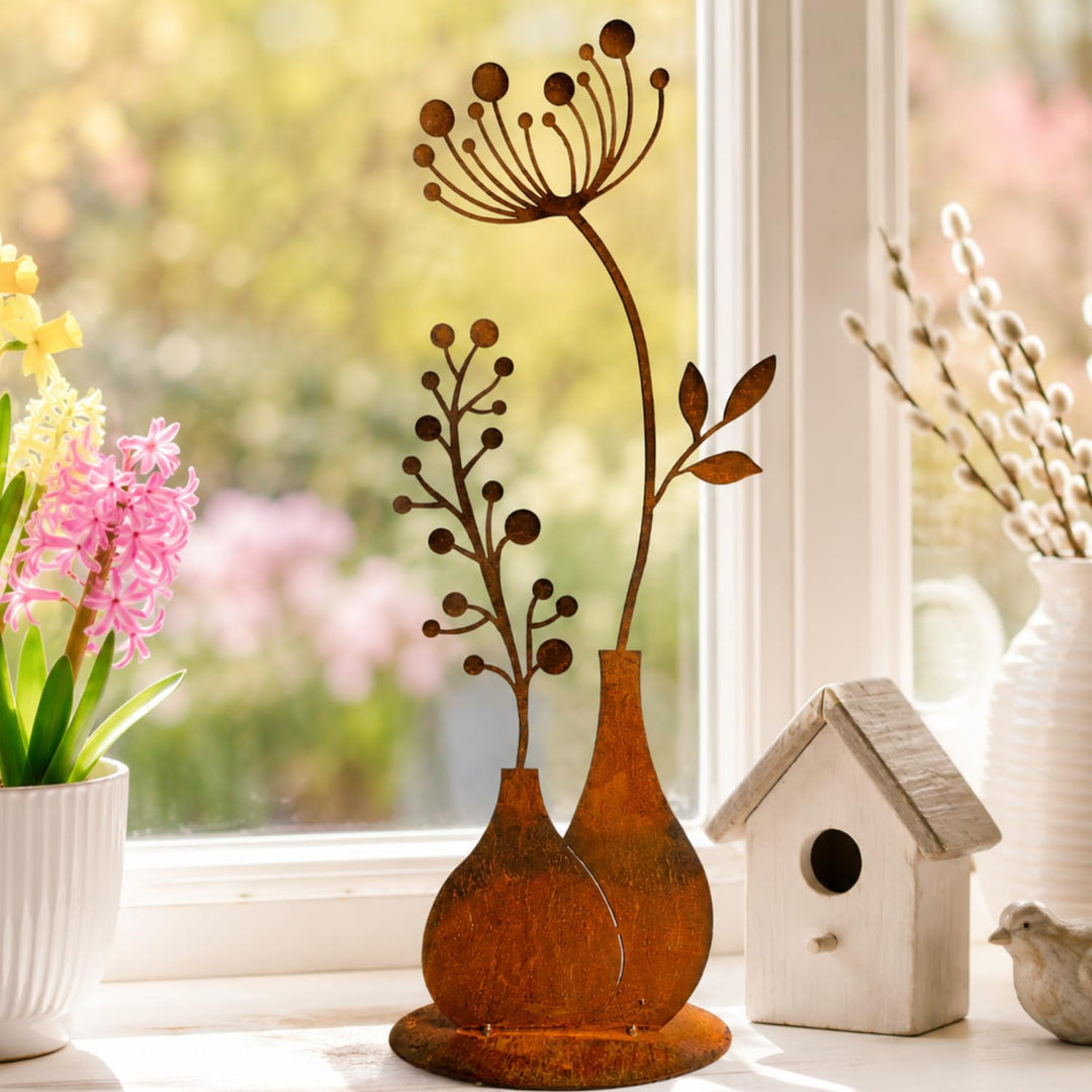 Terma Stahldesign Rost Figur Blume in Vase 50cm Pusteblume Gartendeko für draussen und drinnen Garte