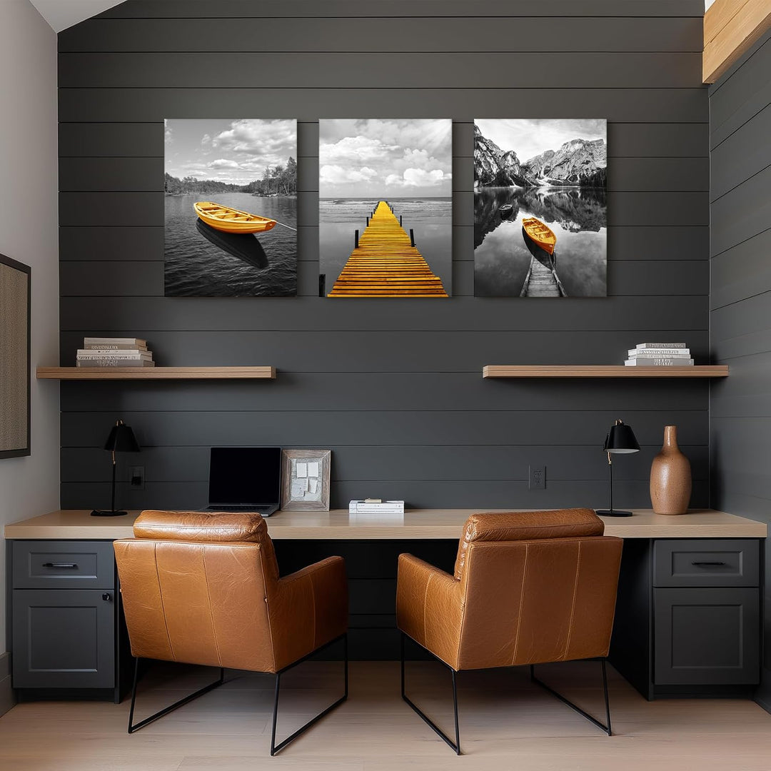 hyidecorart Bilder Landschaft Natur, Wandbild Grau Gelb Nordischer Boot, Modern Berge und See Panora