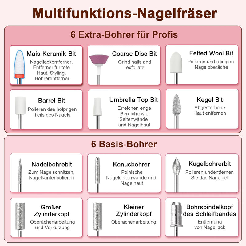 Auriox Nagelfräser Kabellos, 12 in 1 Fräser für Gelnägel 25000 u/min, Akku Elektrische Nagelfeile fü