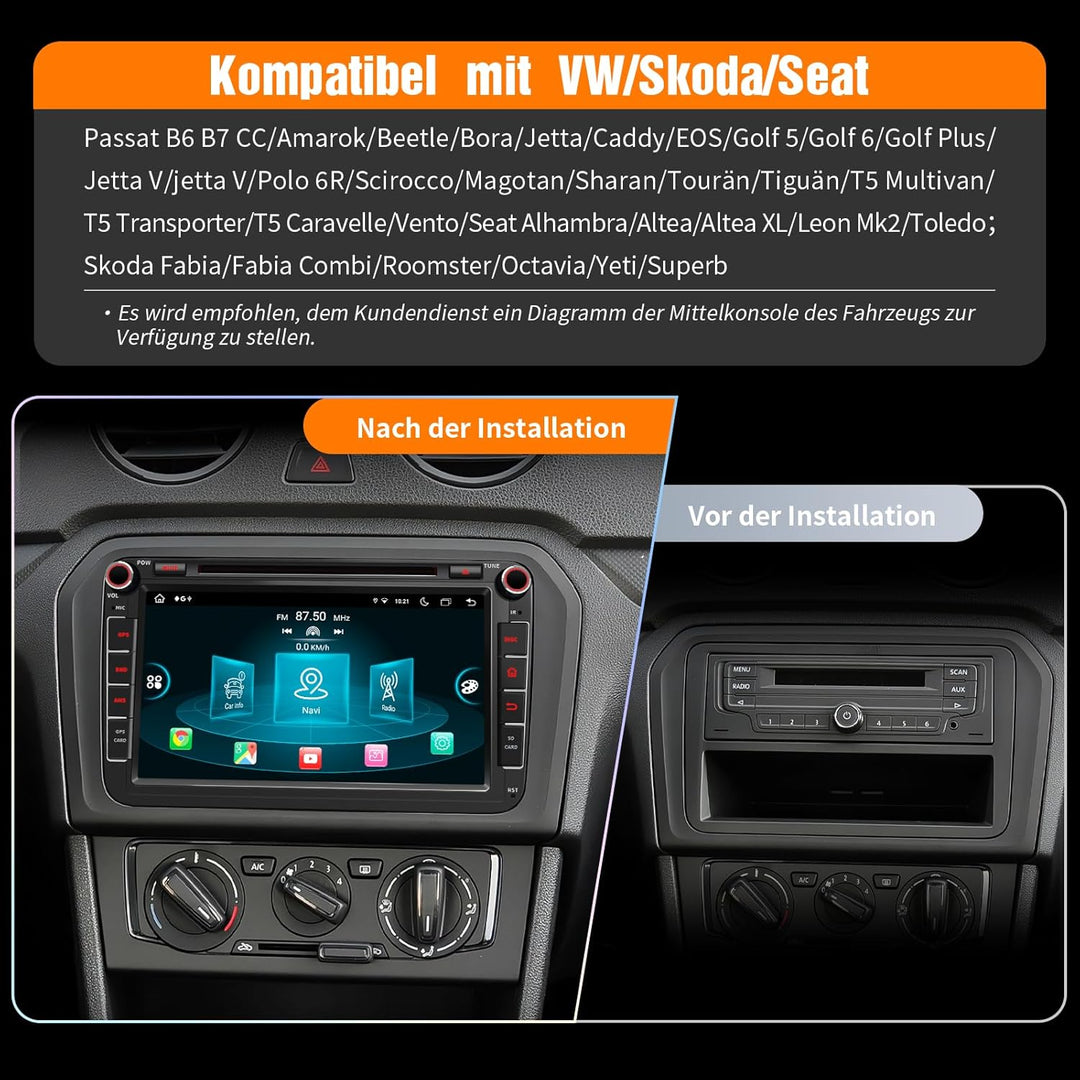 8,8’’ DVD Android 13 Autoradio für Golf 5/6, VW T5, Polo 6R, 4GB+64GB, kabelloses CarPlay, Android A